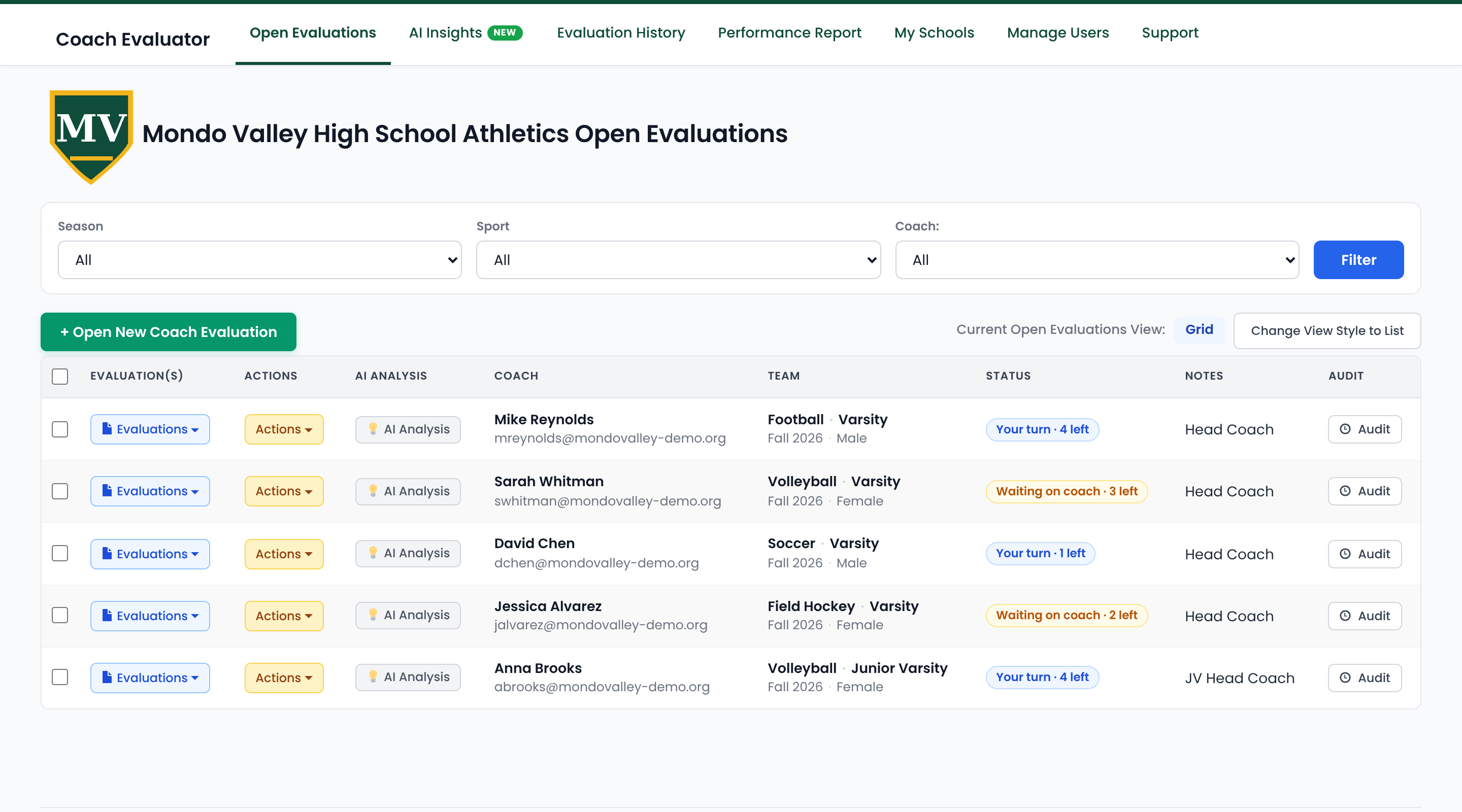 Coach Evaluator Open Evaluations screen showing each coach's evaluation status at a glance