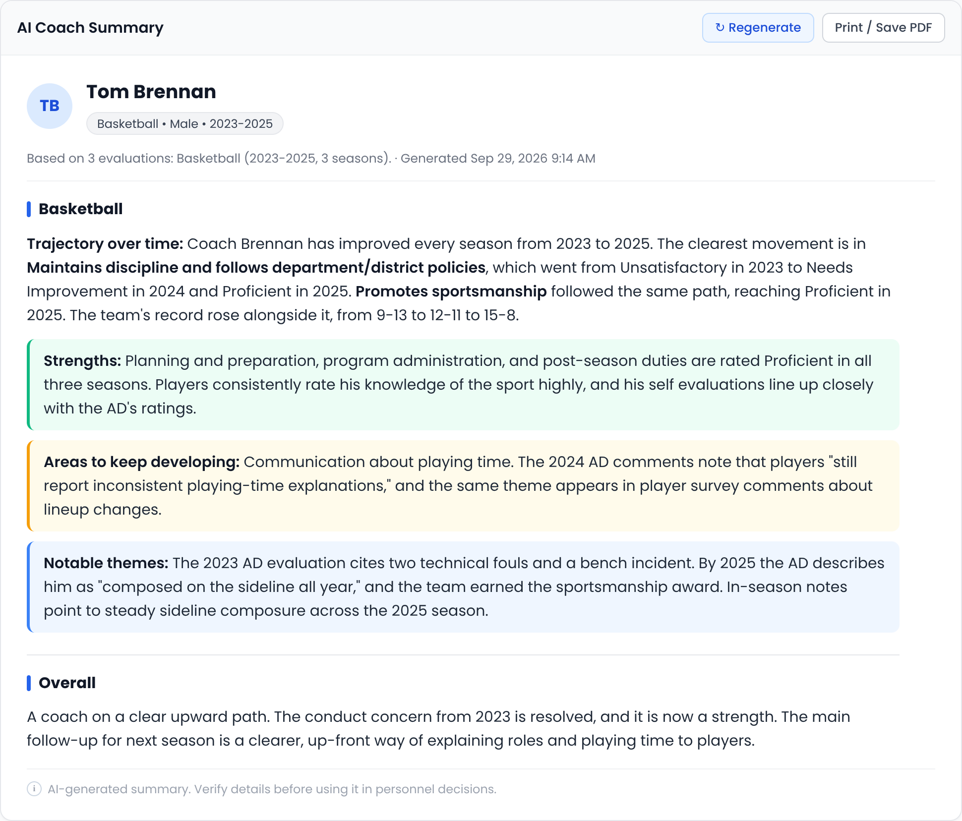 AI Coach Summary showing a coach's trajectory, strengths, and areas to develop